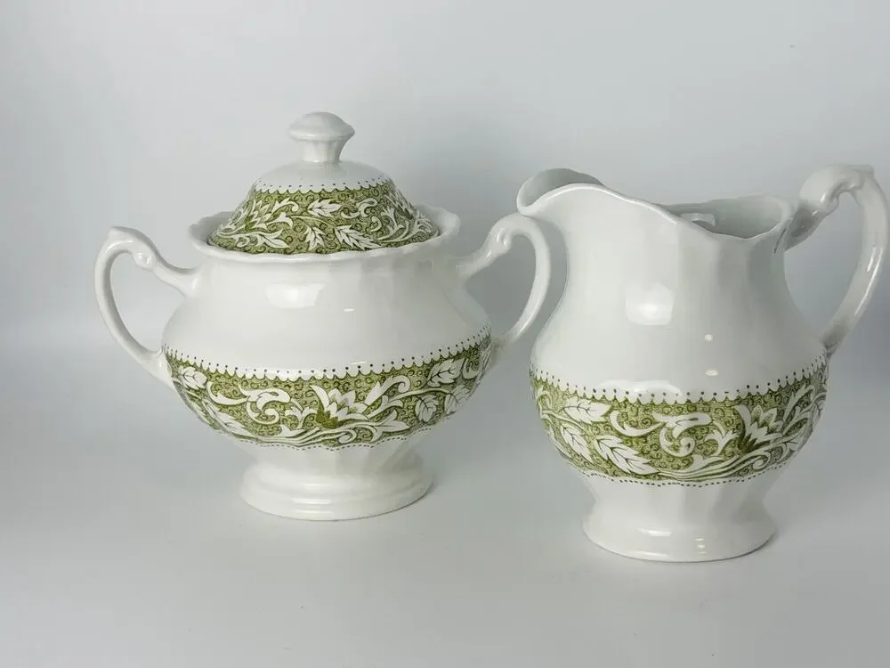 J & G Meakin 'Lucerne' White Ceramic Sugar & Cream Set w Olive Green/Leaf Border